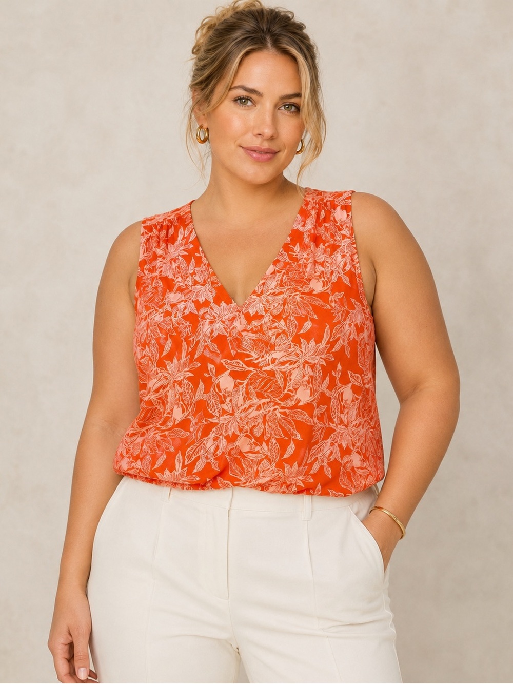 Lands' End Orange Peach Etched Leaves Blouson V Neck Tank Top Satin Tie 2X NWT
